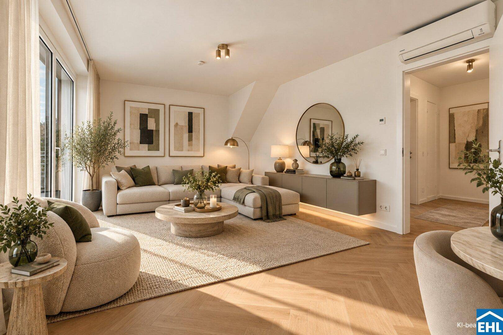 Modernes Wohnzimmer mit beigem Sofa, Fischgrätparkett und Klimaanlage.