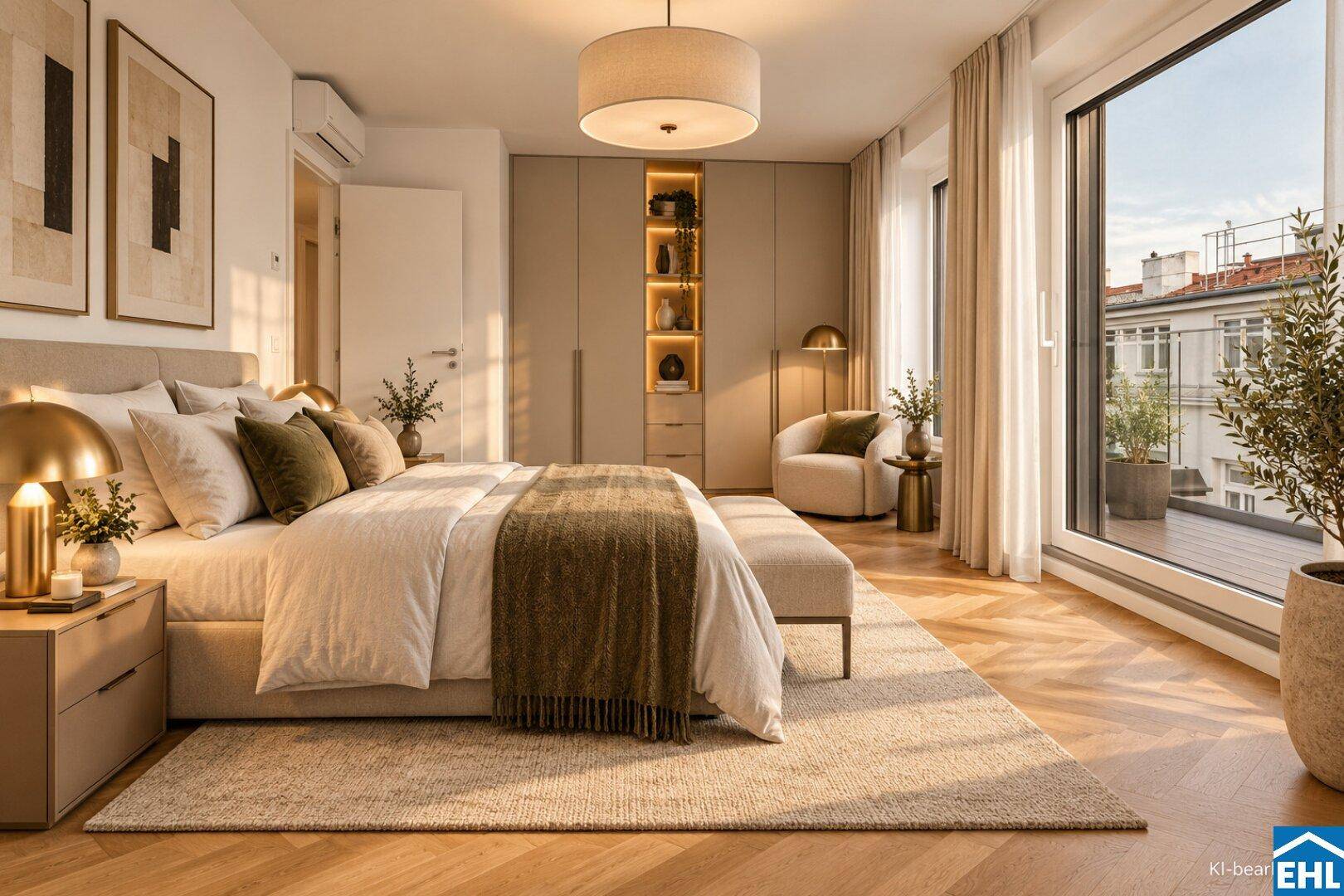 Elegantes Schlafzimmer mit Balkonzugang, Einbauschränken und Fischgrätparkett.
