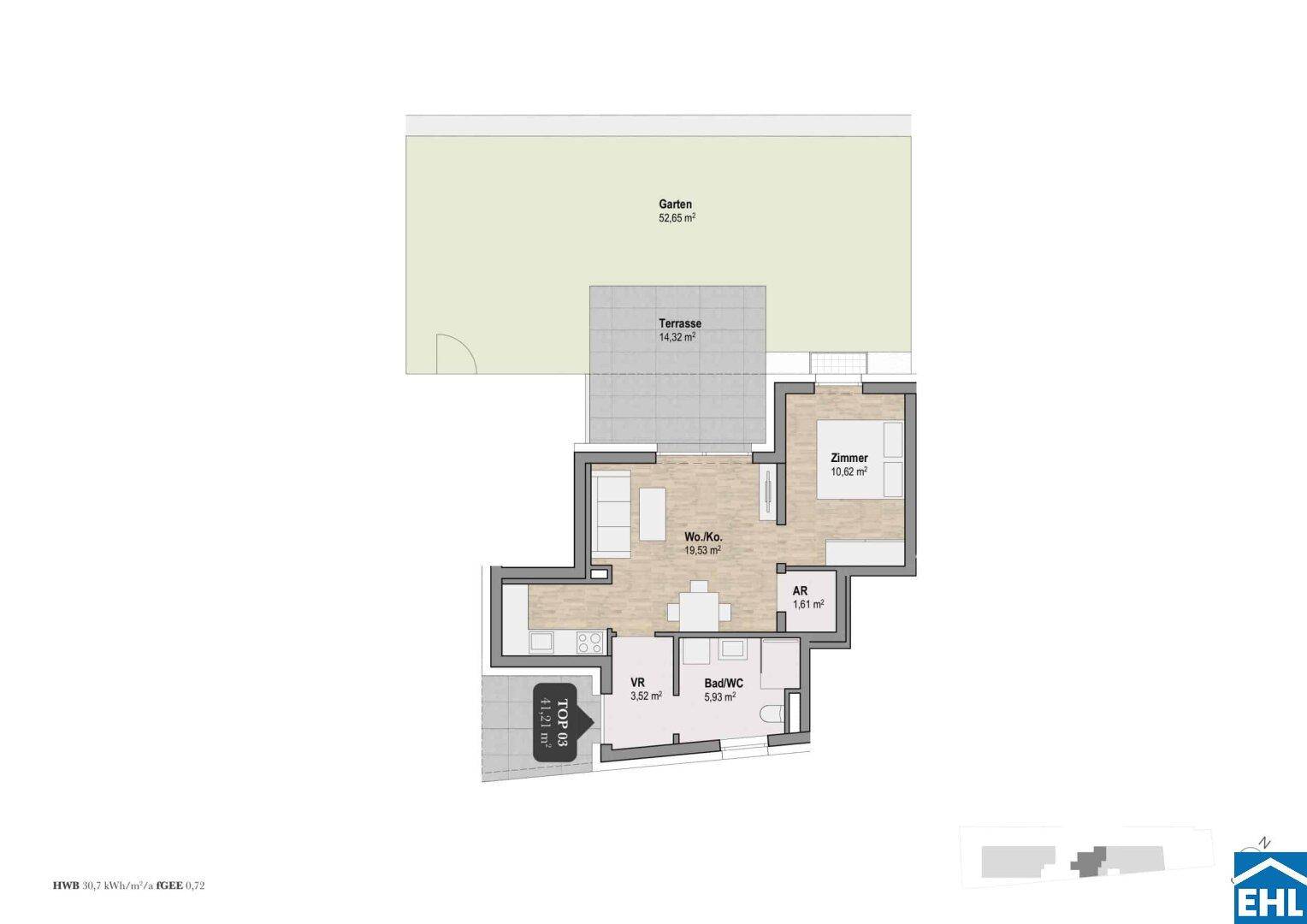 Grundriss einer Wohnung mit offenem Wohn-/Kochbereich, Schlafzimmer, Bad, Terrasse und Garten.