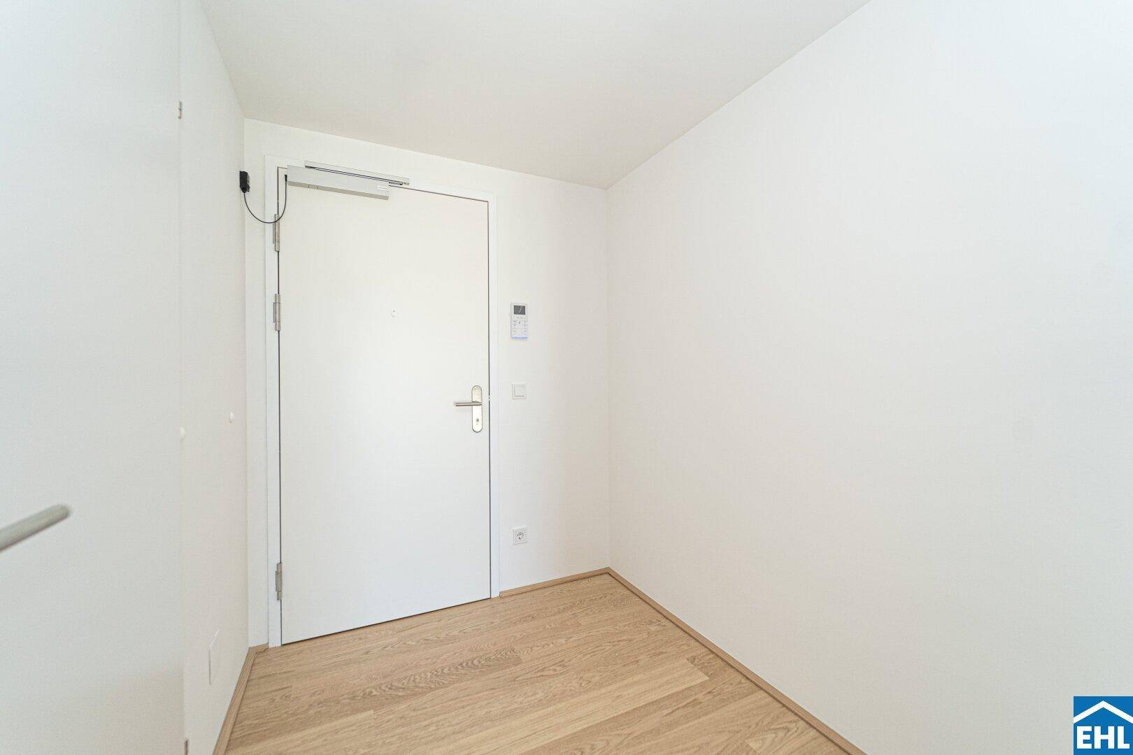 Heller Eingangsbereich mit Holzboden und einer modernen weißen Tür, die in die Wohnung führt.
