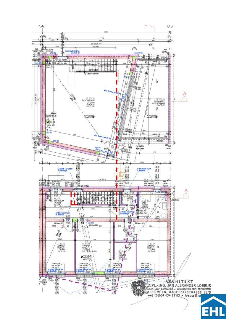 Detaillierter Grundrissplan mit zwei Ebenen, Treppenhaus, separaten Räumen und Badezimmern.