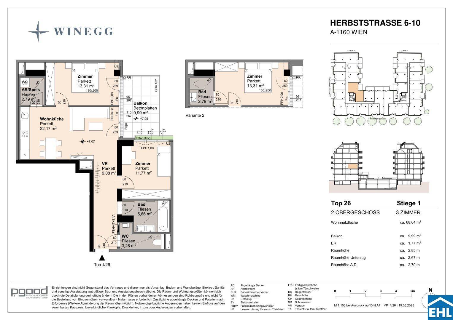 Grundriss der Wohnung Top 26 im 2. Obergeschoss mit drei Zimmern und Balkon.