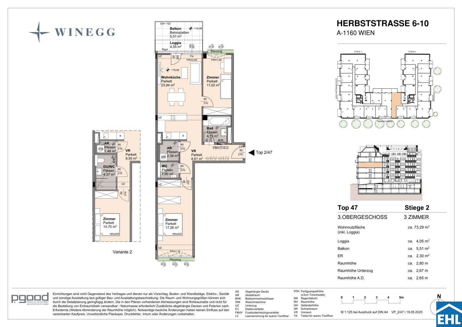 Grundriss der Wohnung Top 47 im 3. Obergeschoss mit Loggia und Balkon.