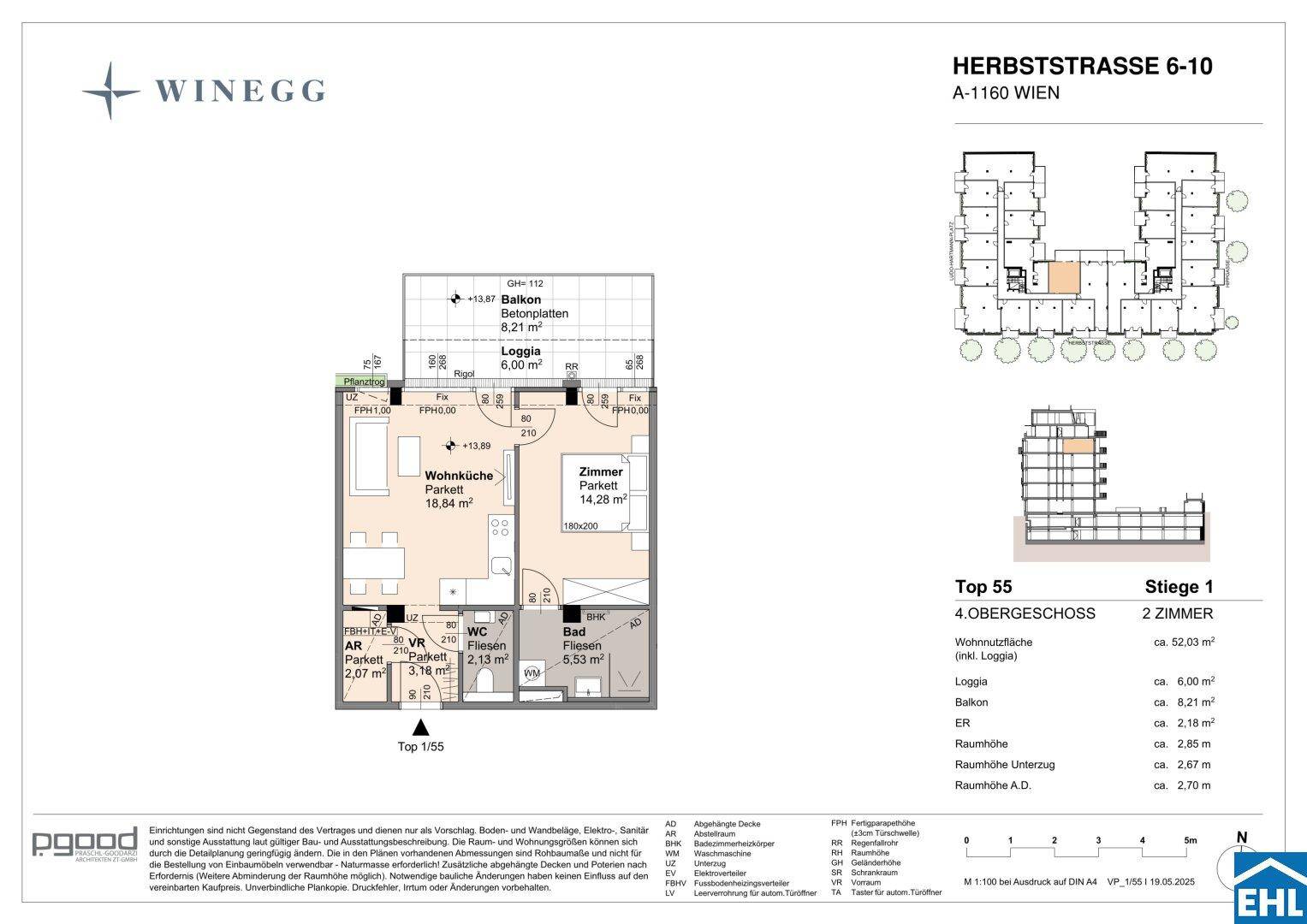 Detaillierter Grundriss einer 2-Zimmer-Wohnung mit offener Wohnküche, Loggia und Balkon.