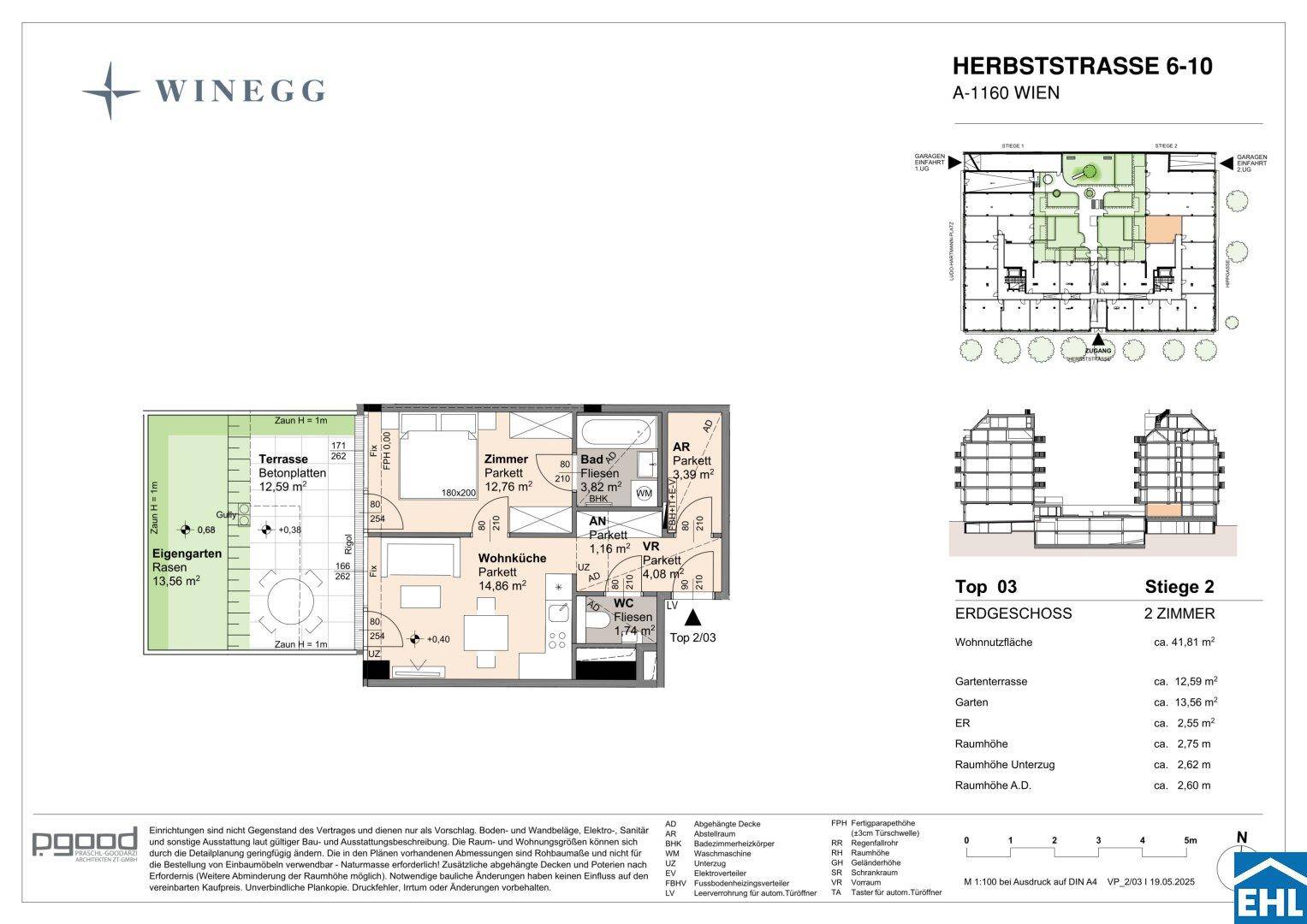 Grundriss einer 2-Zimmer-Wohnung im Erdgeschoss mit Terrasse und Eigengarten.
