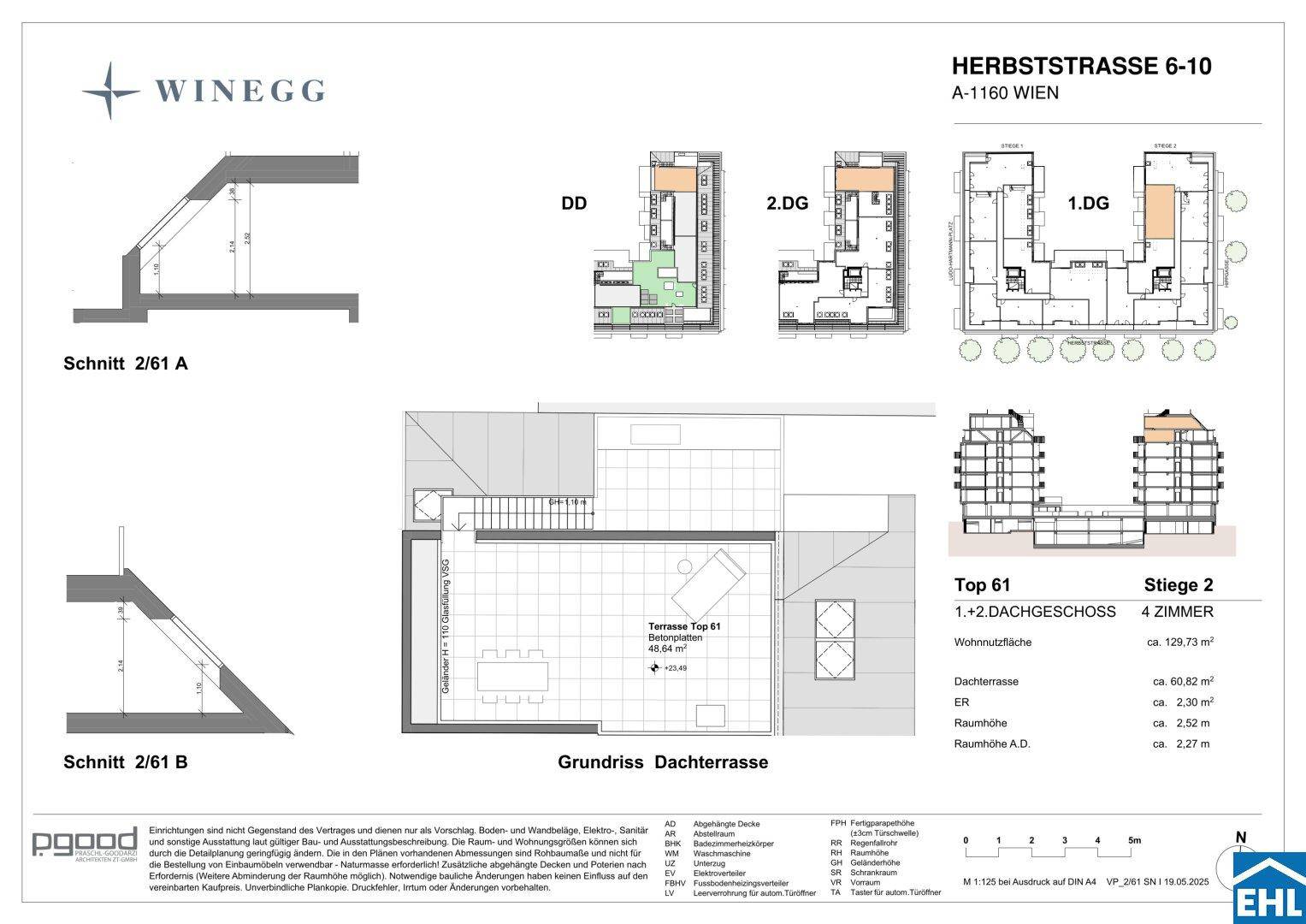 Grundriss der Dachterrasse und Schnitte des Gebäudes mit Details zur Raumaufteilung.