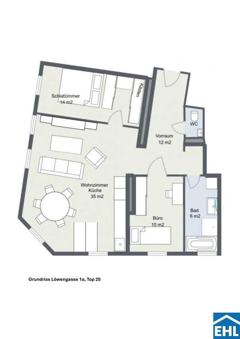 Grundriss einer Wohnung mit Schlafzimmer, Wohnzimmer, Küche, Büro und Bad.