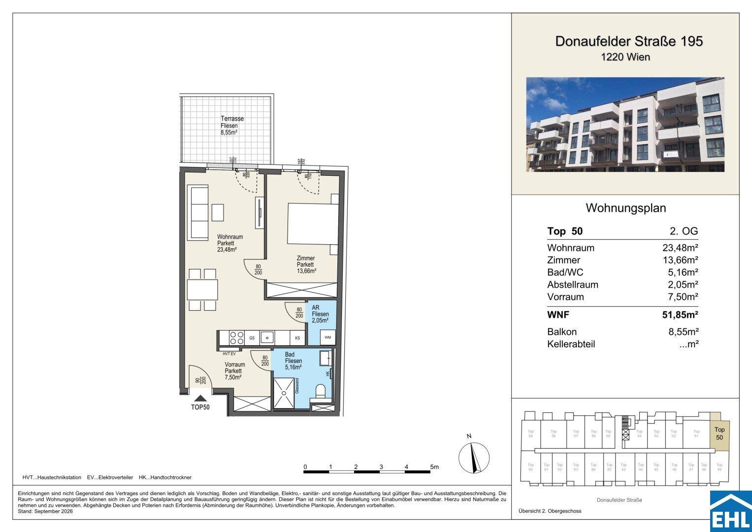 Grundriss einer Wohnung mit Balkon, Terrasse, Wohnraum, Schlafzimmer und zwei Bädern.