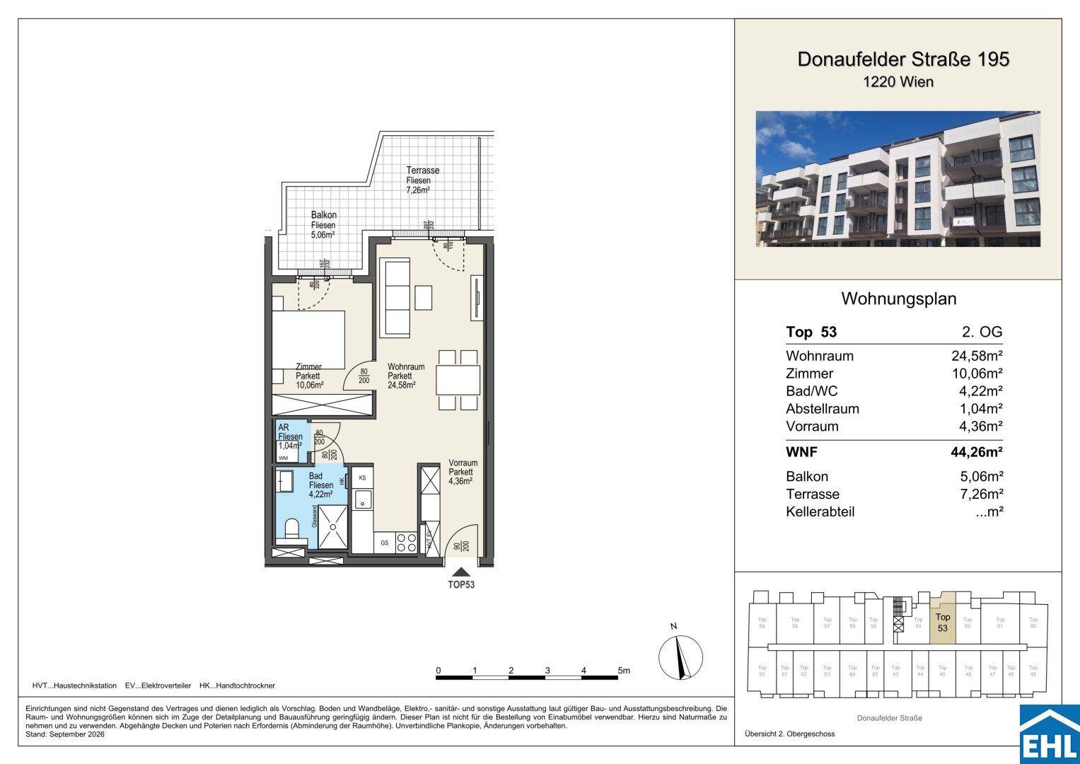 Grundriss der Wohnung Top 53 mit Balkon und Terrasse im zweiten Obergeschoss.