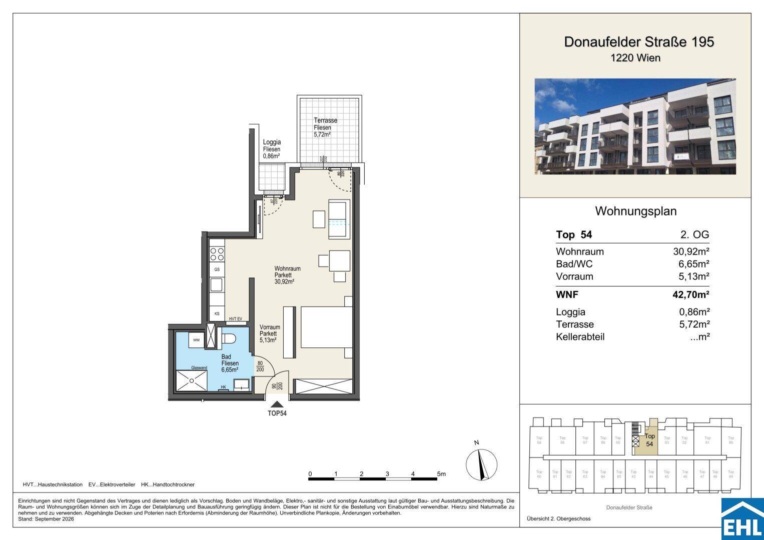 Grundriss der Wohnung Top 54 mit Loggia und Terrasse im 2. Obergeschoss.