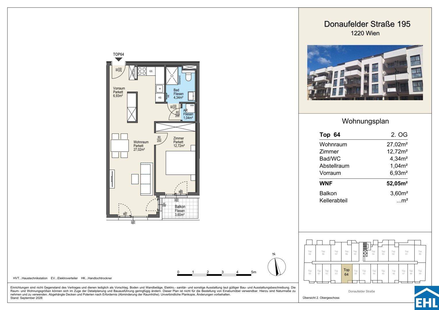 Grundrissplan einer Wohnung mit 52,05 m² Wohnfläche, Balkon und Kellerabteil, übersichtlich dargestellt.