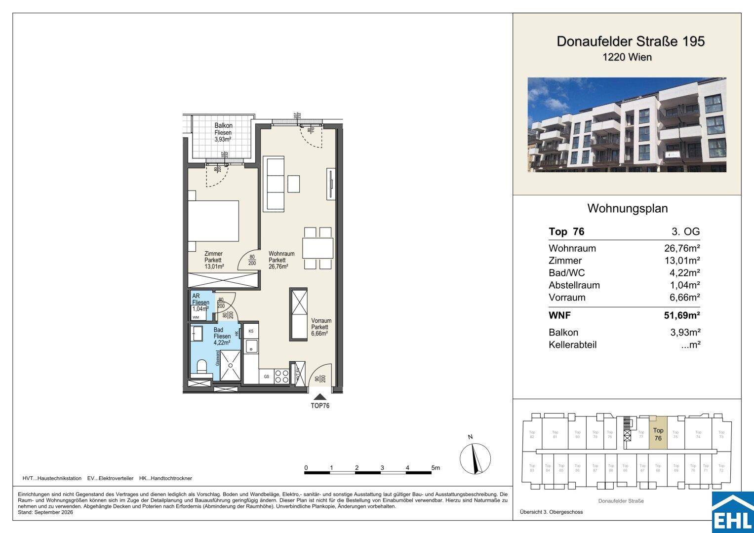 Grundriss der Wohnung Top 76 mit Wohnraum, Zimmer, Bad/WC und Balkon.