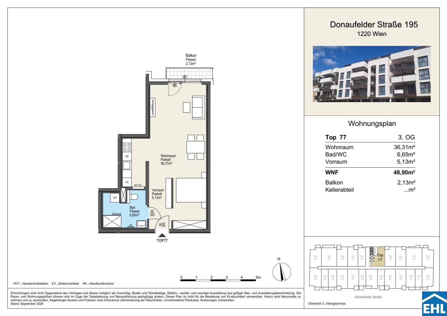 Grundriss einer Wohnung mit offenem Wohnbereich, separatem WC und Balkon im 3. Obergeschoss.