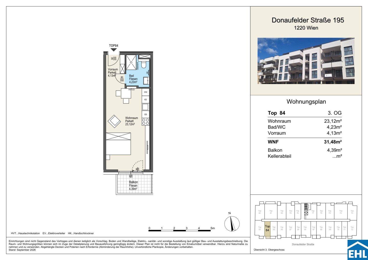 Grundriss der Wohnung Top 84 im 3. Obergeschoss mit Balkon und effizienter Raumaufteilung.