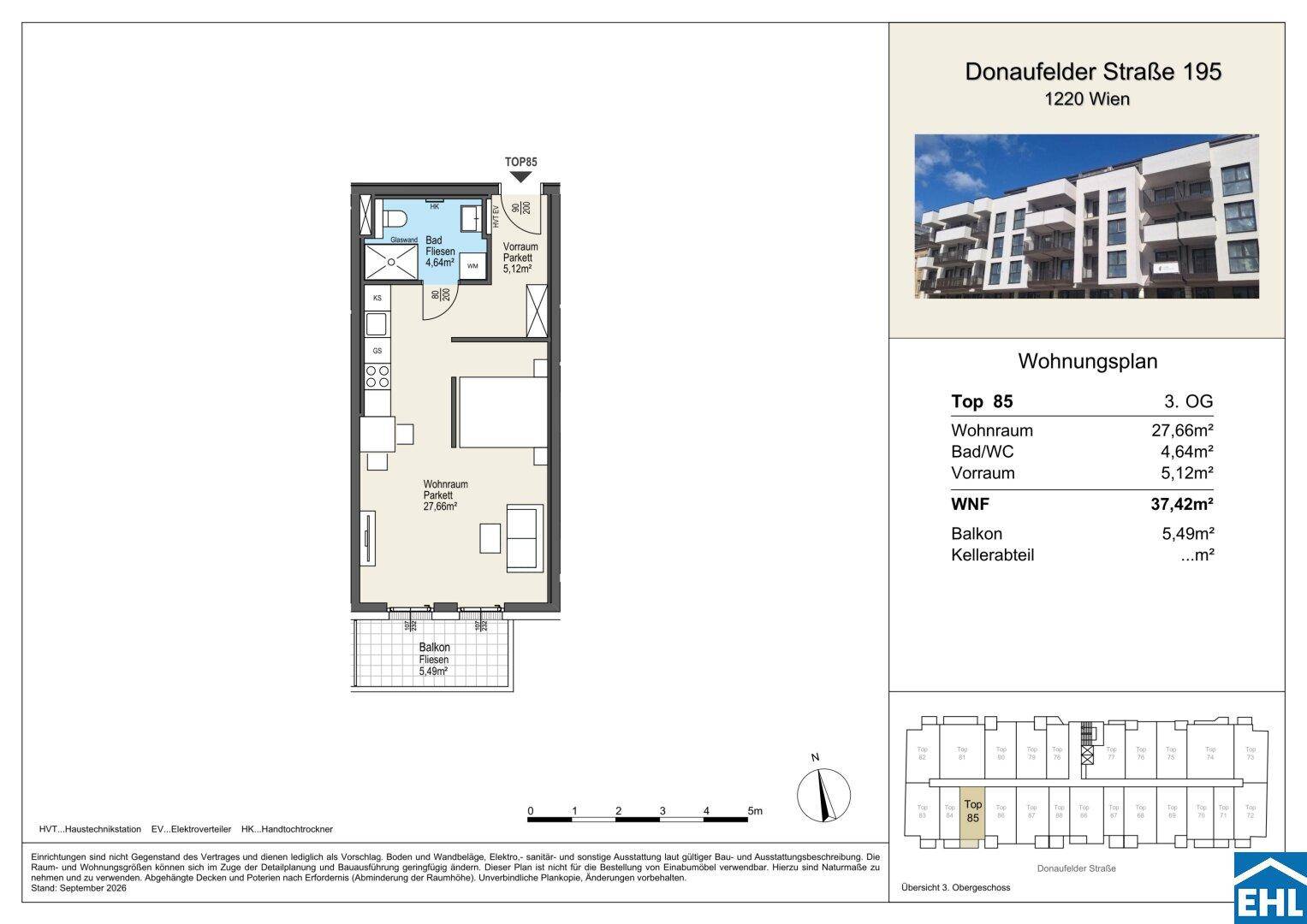 Grundriss der Wohnung Top 85 im 3. Obergeschoss mit Balkon und Kellerabteil.