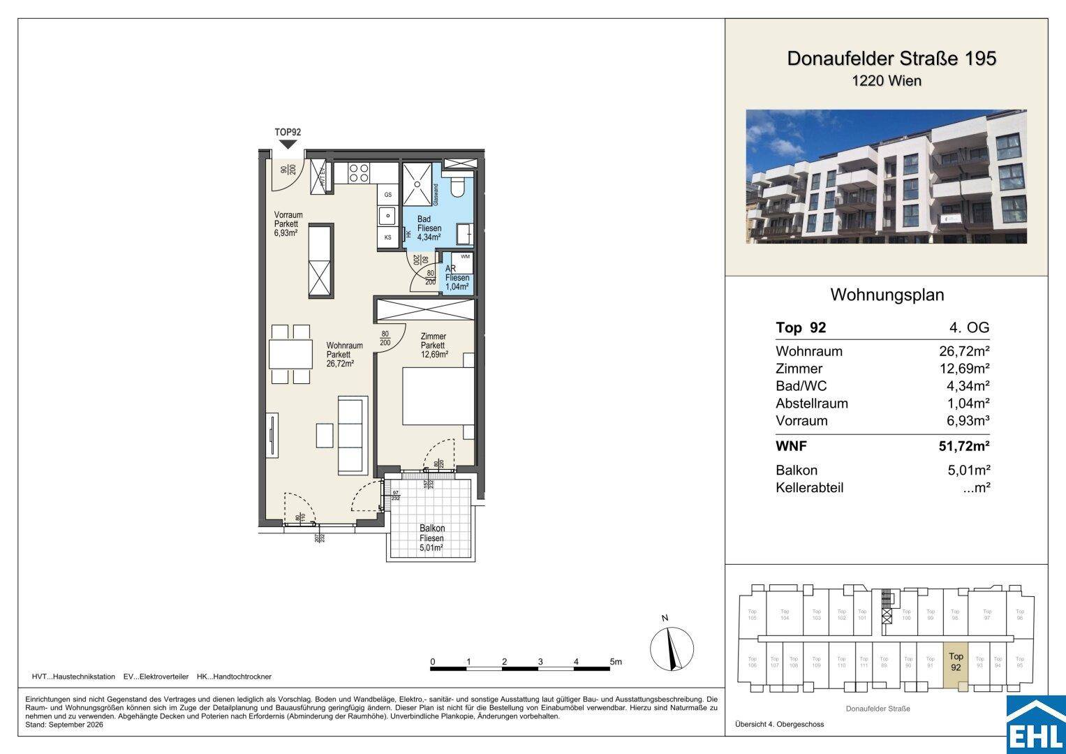 Grundriss der Wohnung Top 92 mit Wohnraum, Zimmer, Bad/WC und Balkon.