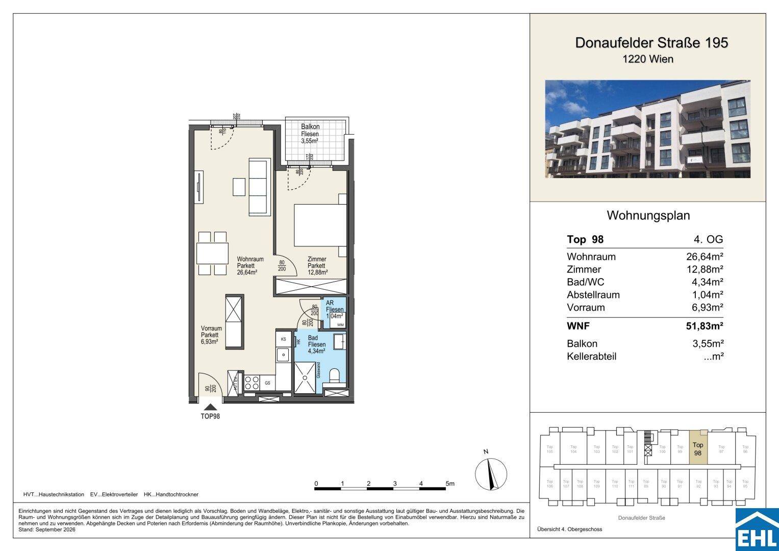 Grundriss der Wohnung Top 98 im 4. Obergeschoss mit Balkon und offenem Wohnbereich.