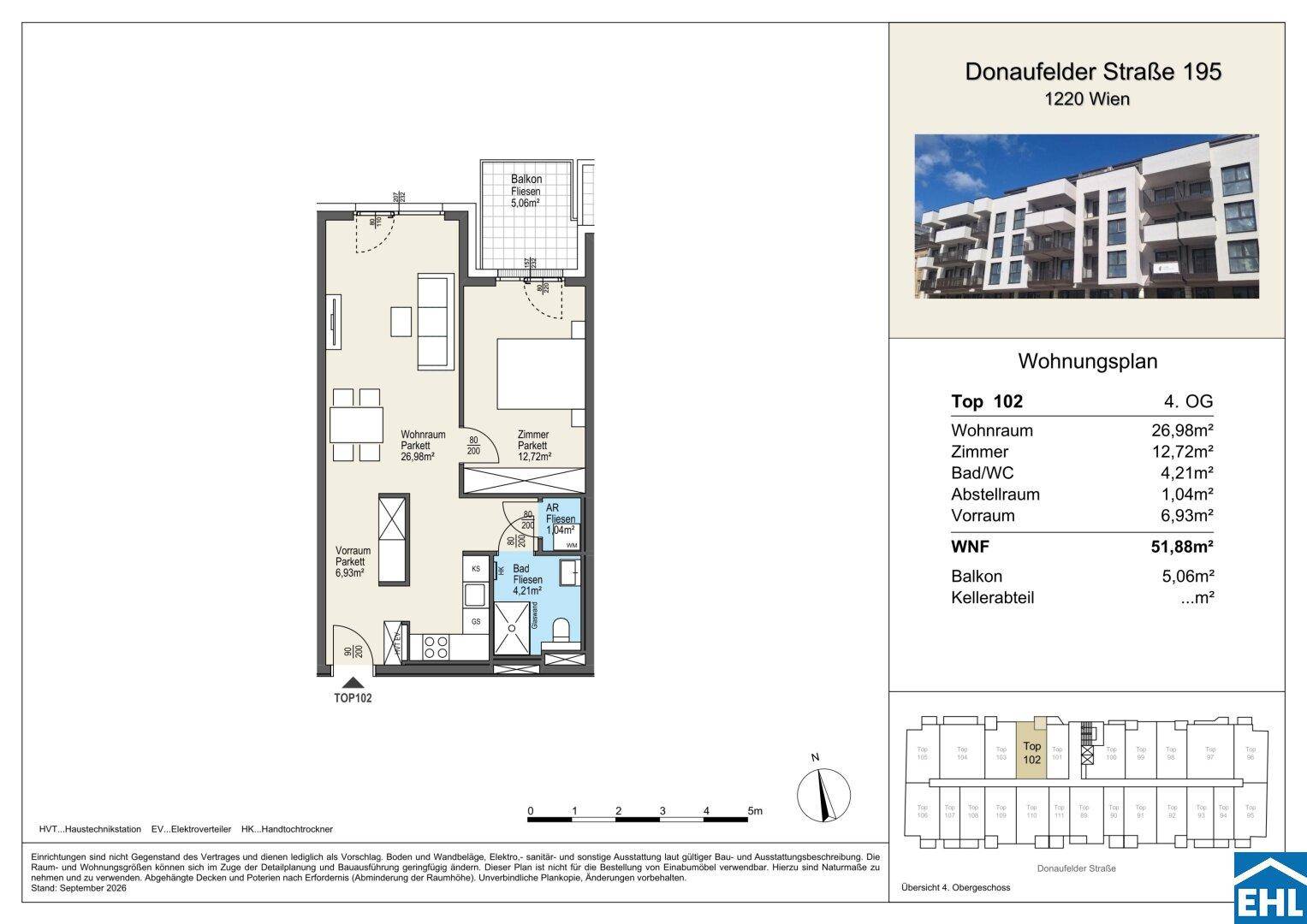 Grundriss der Wohnung Top 102 mit Balkon und offenem Wohnbereich.