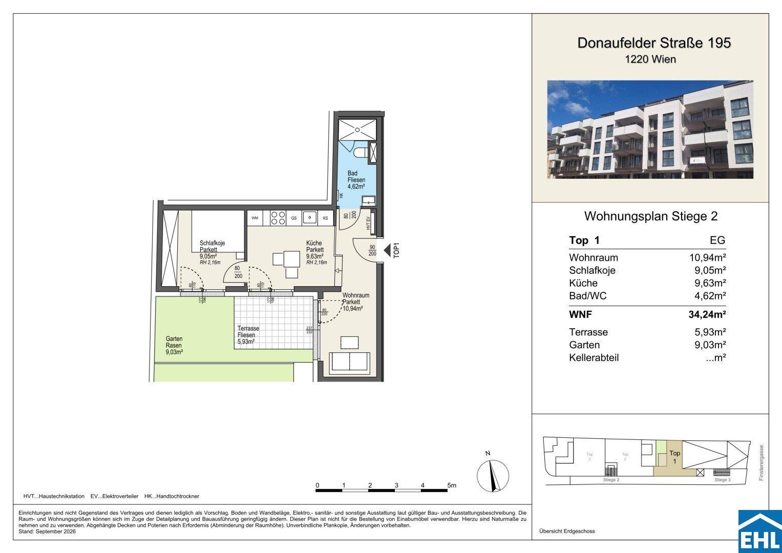 Grundriss einer Wohnung mit Terrasse, Garten und offenem Wohnbereich.