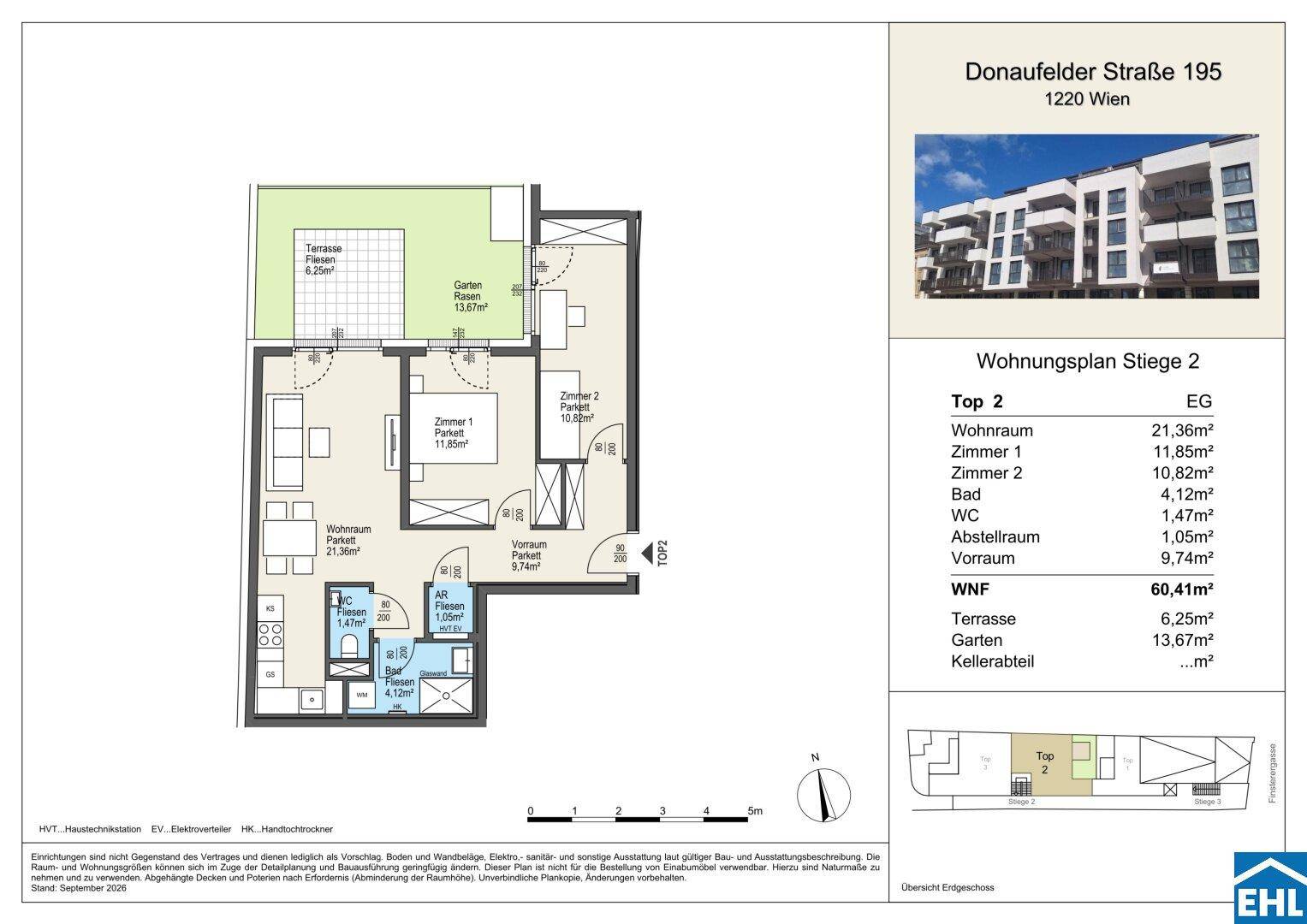 Grundriss einer Wohnung mit offenem Wohnbereich, zwei Schlafzimmern, Terrasse und Garten.