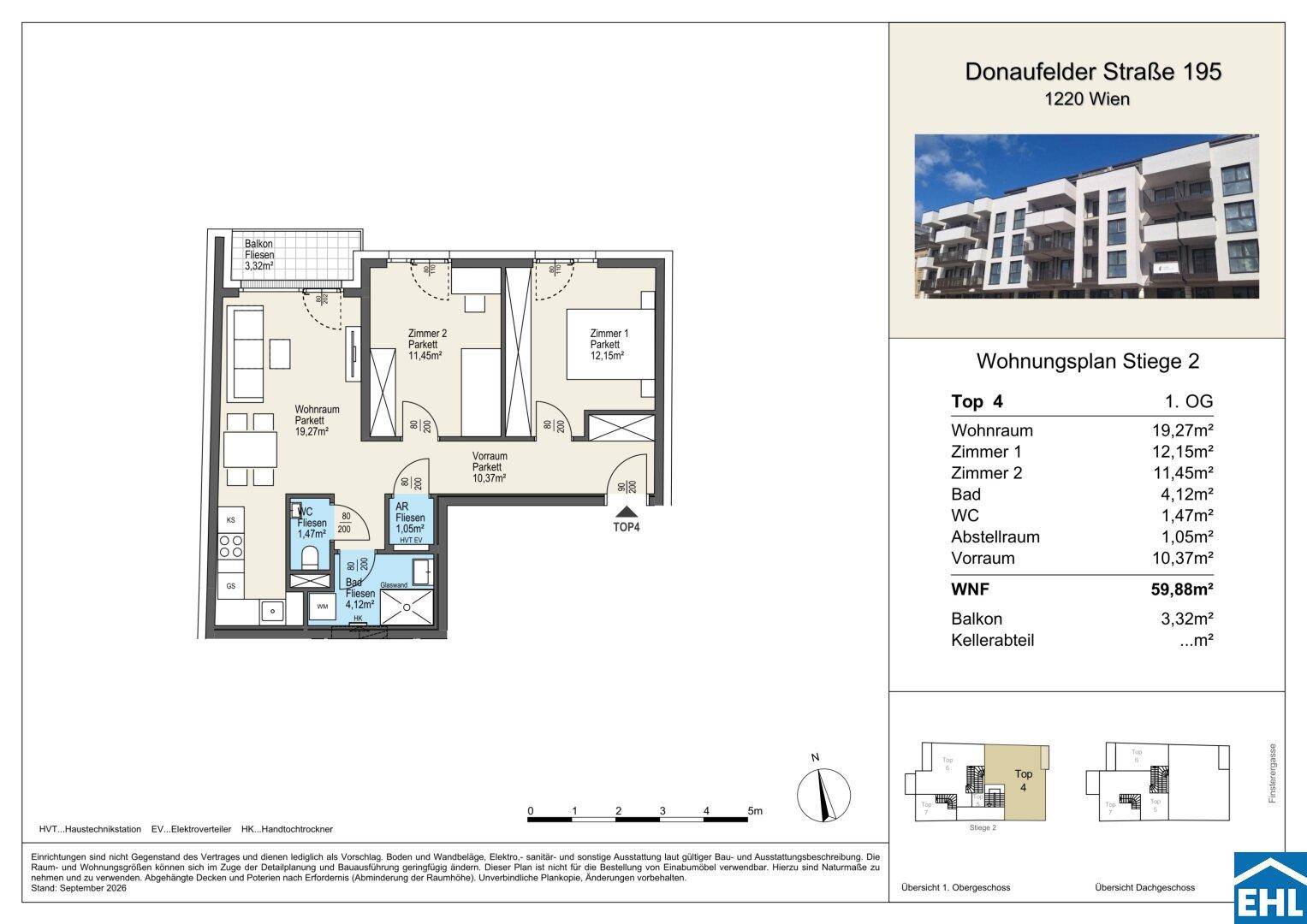 Grundrissplan einer Wohnung mit Balkon und zwei Zimmern, inklusive Flächenangaben.