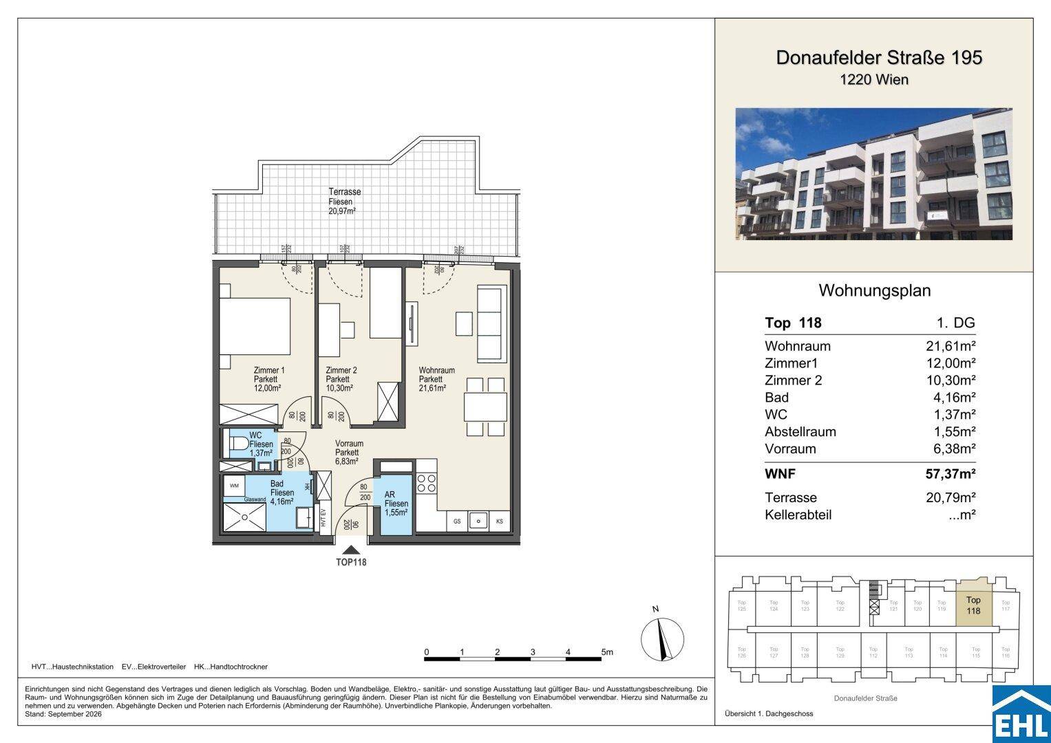 Grundriss der Wohnung Top 118 mit zwei Schlafzimmern, Wohnraum und Terrasse.