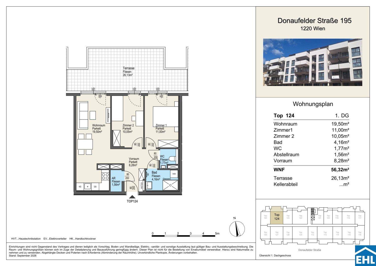 Grundriss der Wohnung Top 124 mit Terrasse und drei Zimmern.