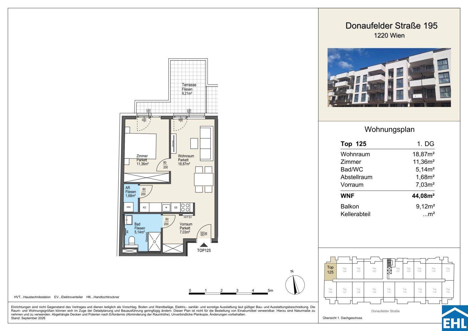 Grundriss einer Wohnung mit einem Schlafzimmer, Wohnbereich, zwei Bädern und Balkon sowie Terrasse.