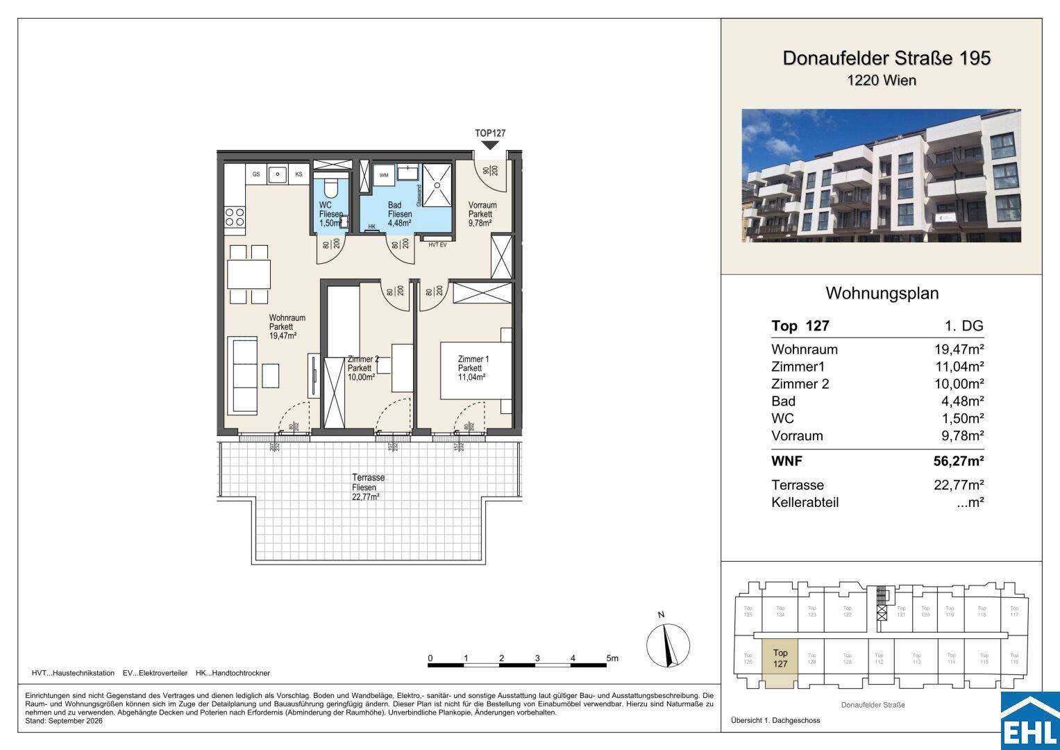 Grundriss der Wohnung Top 127 mit Terrasse und offenem Wohnbereich.