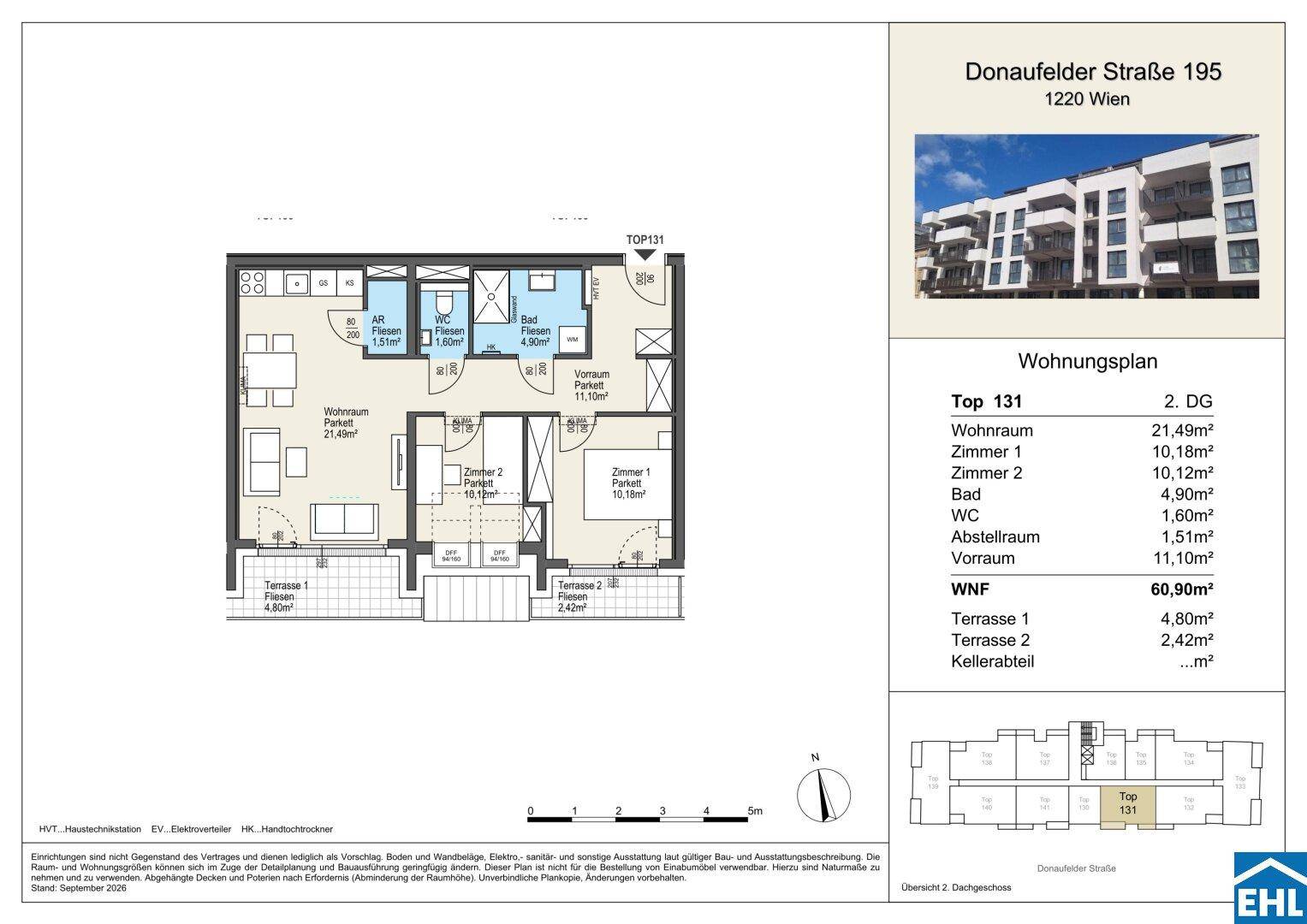 Grundriss der Wohnung Top 131 mit zwei Terrassen und offenem Wohnbereich.
