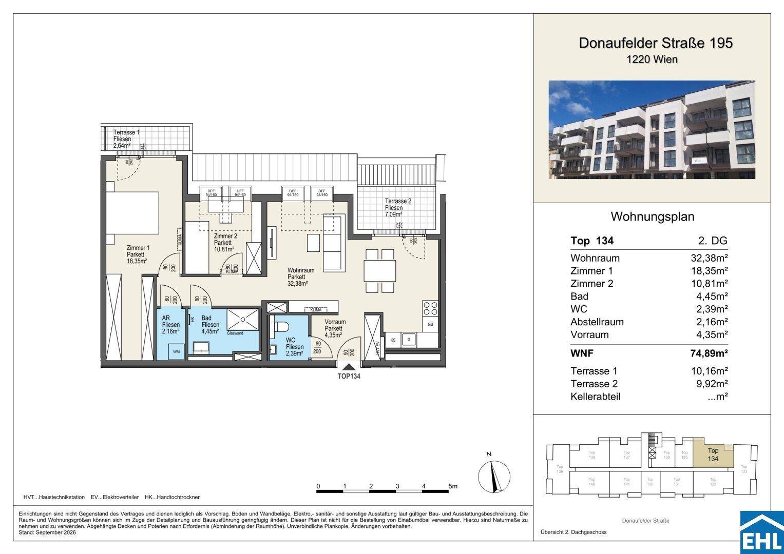 Grundriss der Wohnung Top 134 mit zwei Terrassen und offenem Wohnbereich.