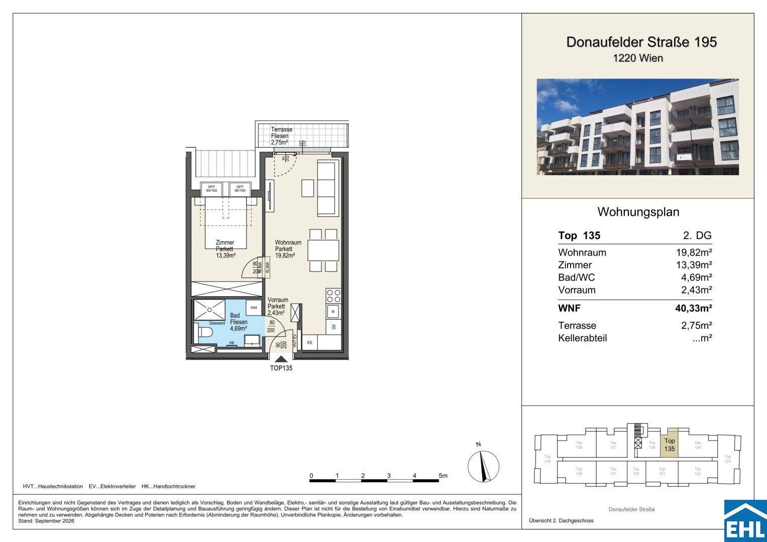 Grundriss der Wohnung Top 135 mit Wohnraum, Zimmer, Bad/WC und Terrasse.