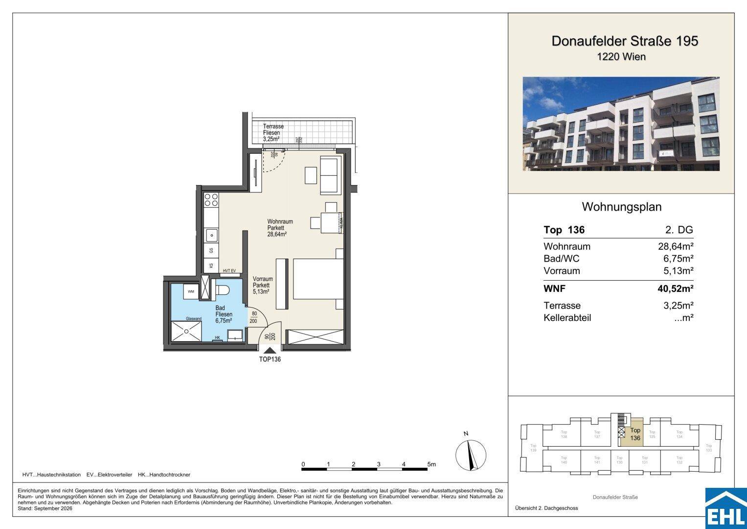 Grundriss einer Wohnung mit 40,52 m² Wohnfläche, Terrasse und Kellerabteil.