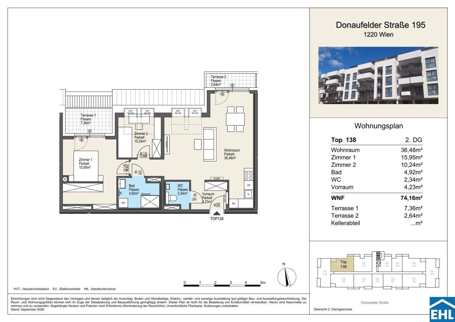 Grundriss einer Wohnung mit zwei Terrassen und Kellerabteil.