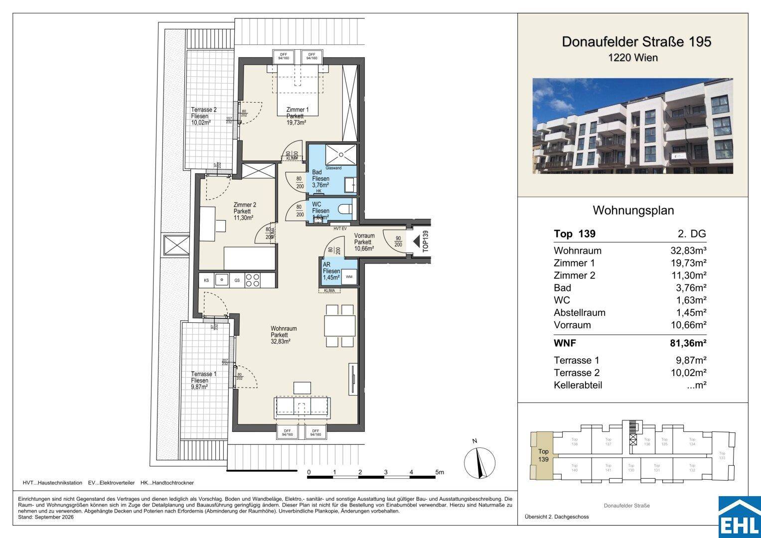 Grundriss einer Wohnung mit zwei Terrassen, drei Zimmern und offenem Wohnbereich.