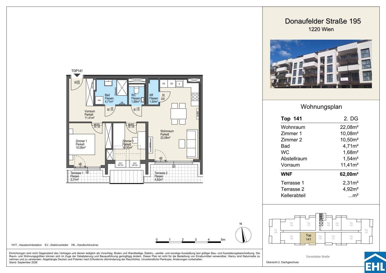 Grundriss der Wohnung Top 141 mit Wohnraum, zwei Zimmern und zwei Terrassen.