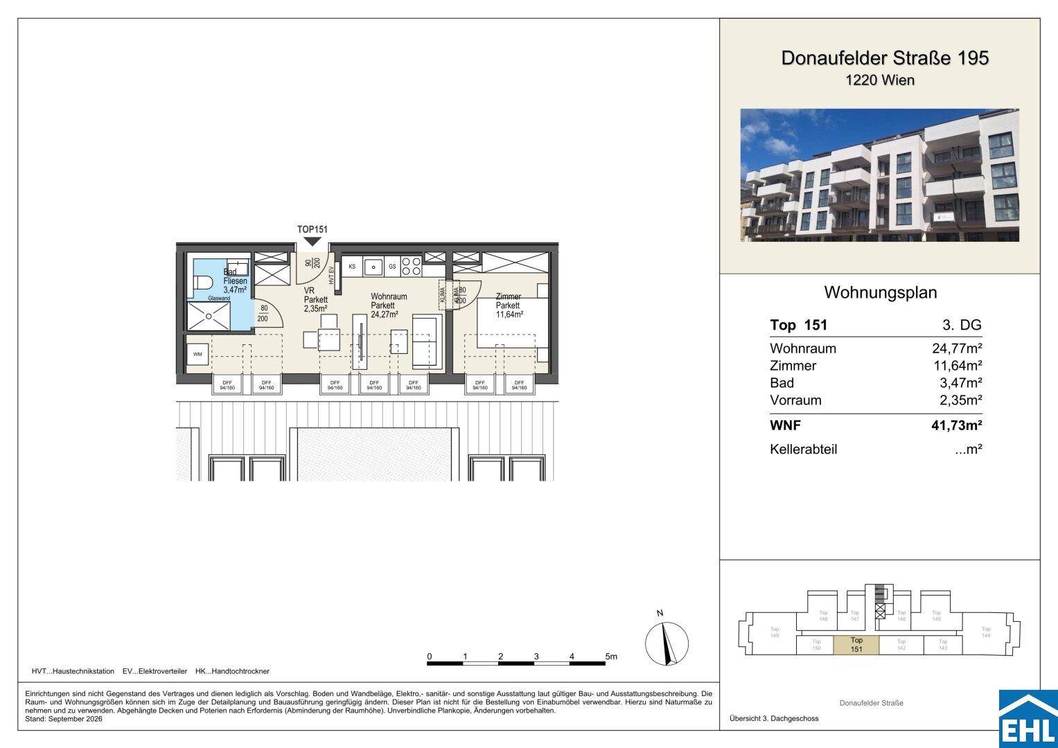 Grundriss der Wohnung Top 151 im 3. Dachgeschoss mit Wohnraum, Zimmer und Bad.