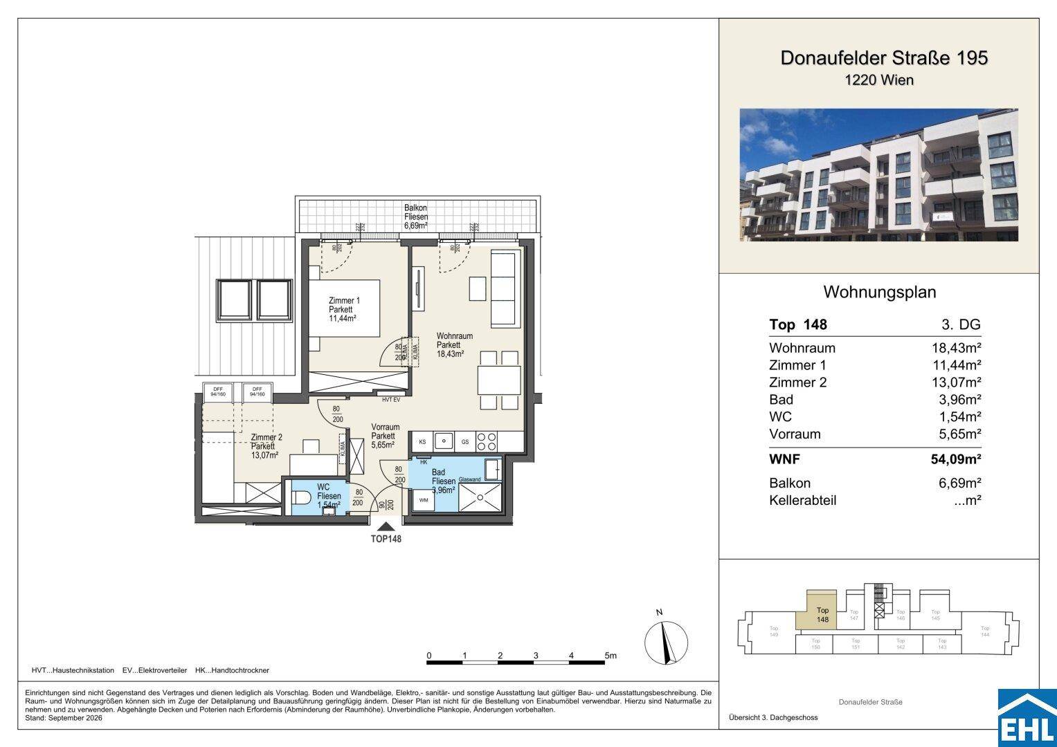 Grundriss der Wohnung Top 148 mit Balkon, zwei Schlafzimmern und offenem Wohnbereich.