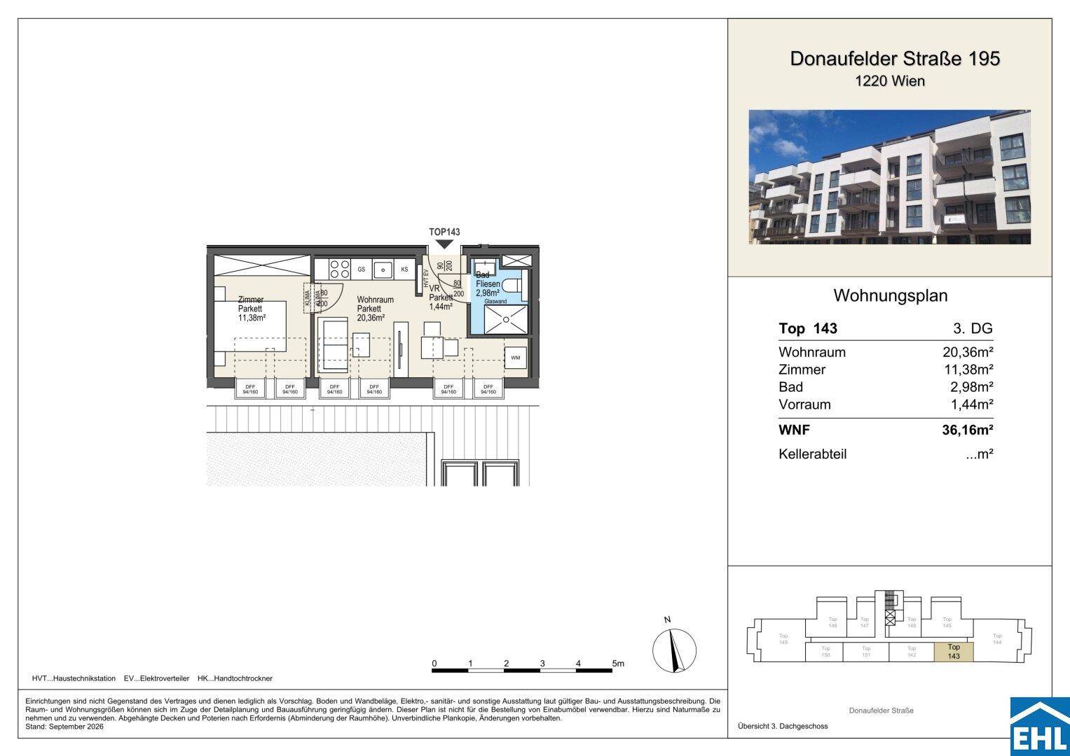 Grundrissplan der Wohnung Top 143 mit offenem Wohnbereich und Balkon.