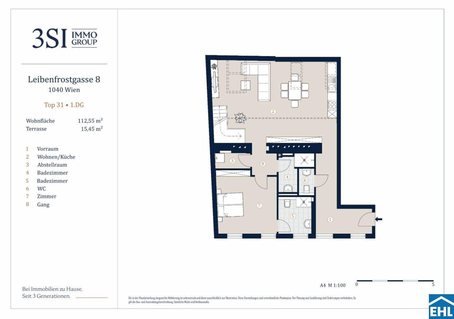 Grundriss des ersten Geschosses mit Wohnküche, zwei Bädern und Terrasse.