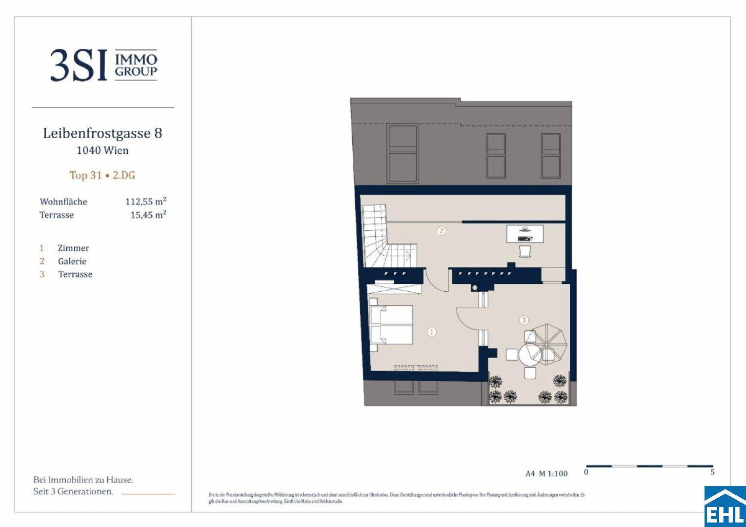 Grundriss des zweiten Geschosses mit Galerie, Zimmer und Zugang zur Terrasse.