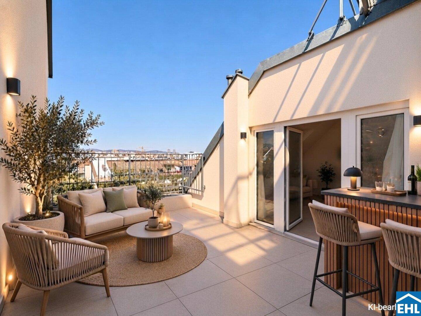 Gemütliche Dachterrasse mit modernen Loungemöbeln und Bar, ideal für Entspannung.