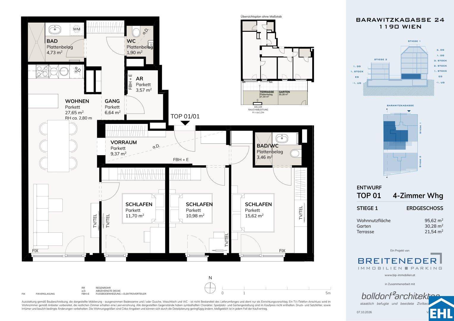 Detaillierter Grundriss einer 4-Zimmer-Wohnung mit Terrasse und Gartenanteil.