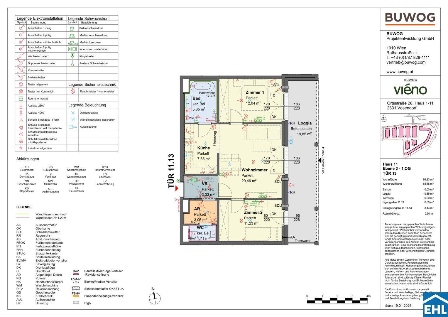 Detaillierter Grundriss einer Wohnung mit drei Zimmern, Loggia und separatem WC.