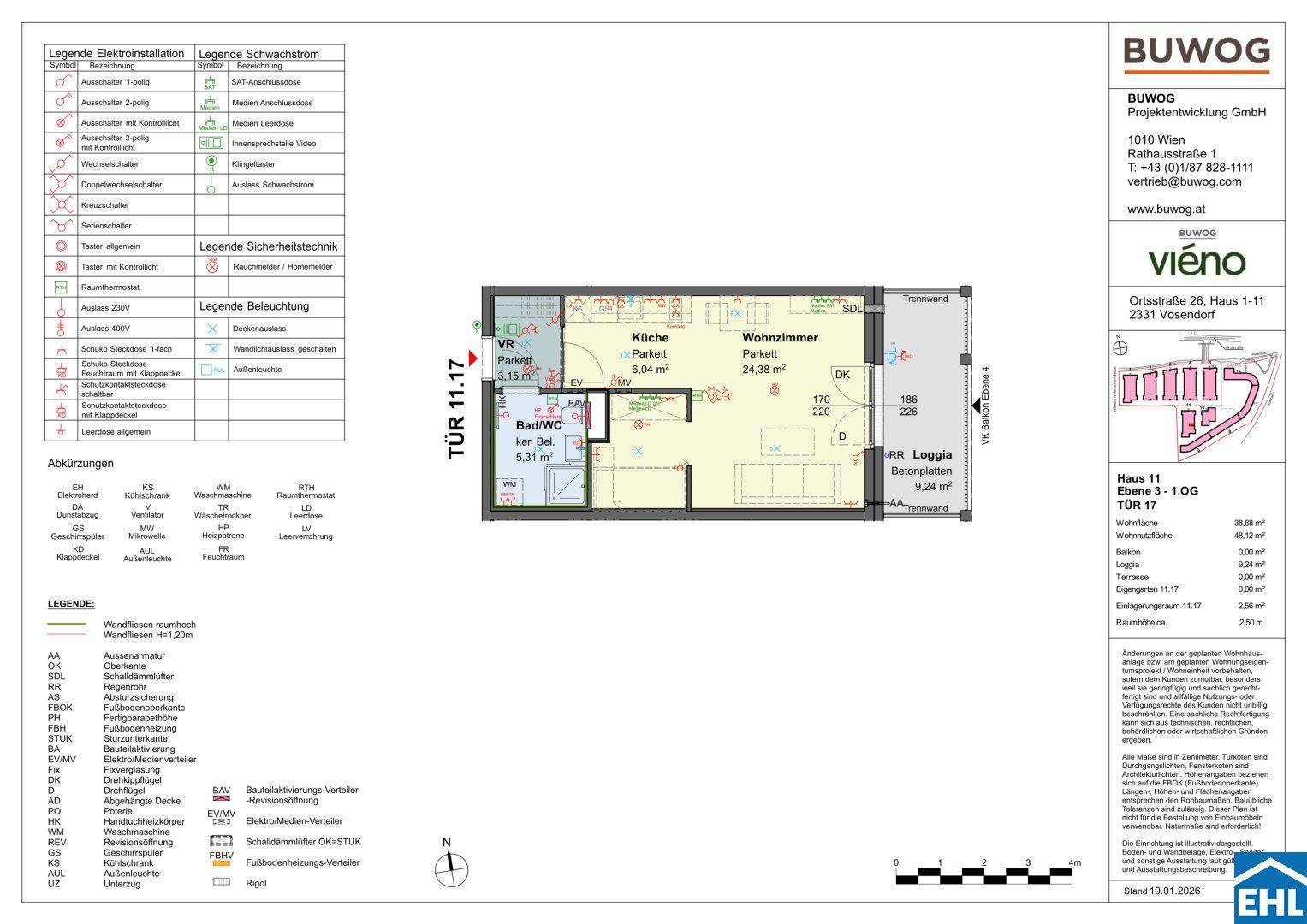 Detaillierter Grundriss einer Wohnung mit offener Küche, Wohnzimmer, Bad und Loggia.