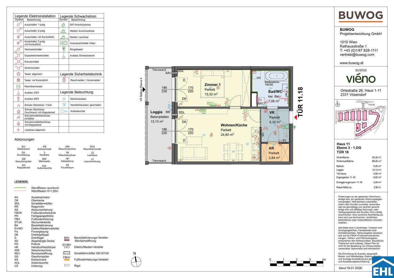 Detaillierter Grundriss einer Wohnung mit einem Schlafzimmer, offener Wohnküche und Loggia.