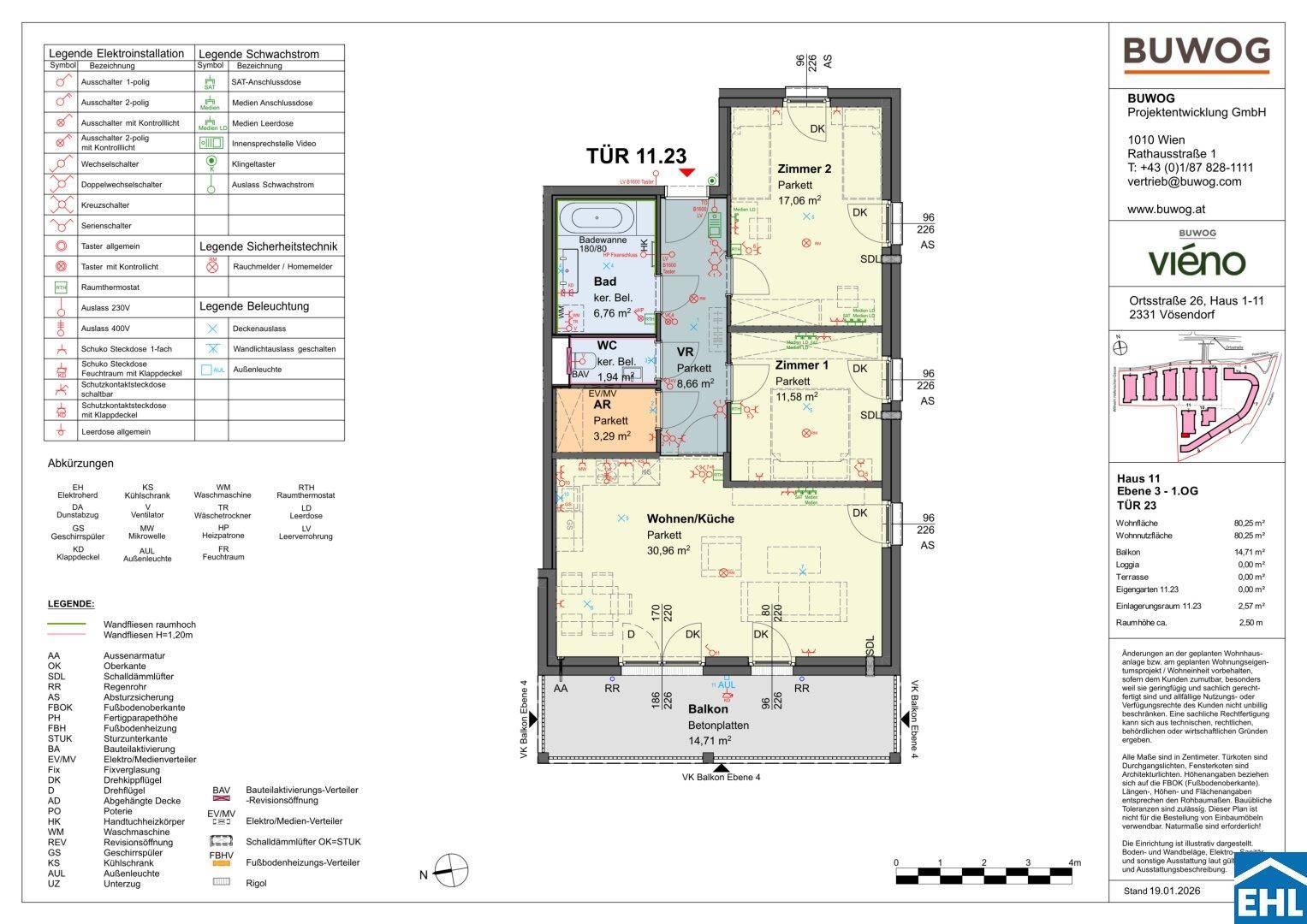 Detaillierter Grundriss einer Wohnung mit Balkon, zwei Zimmern, Bad und separatem WC.