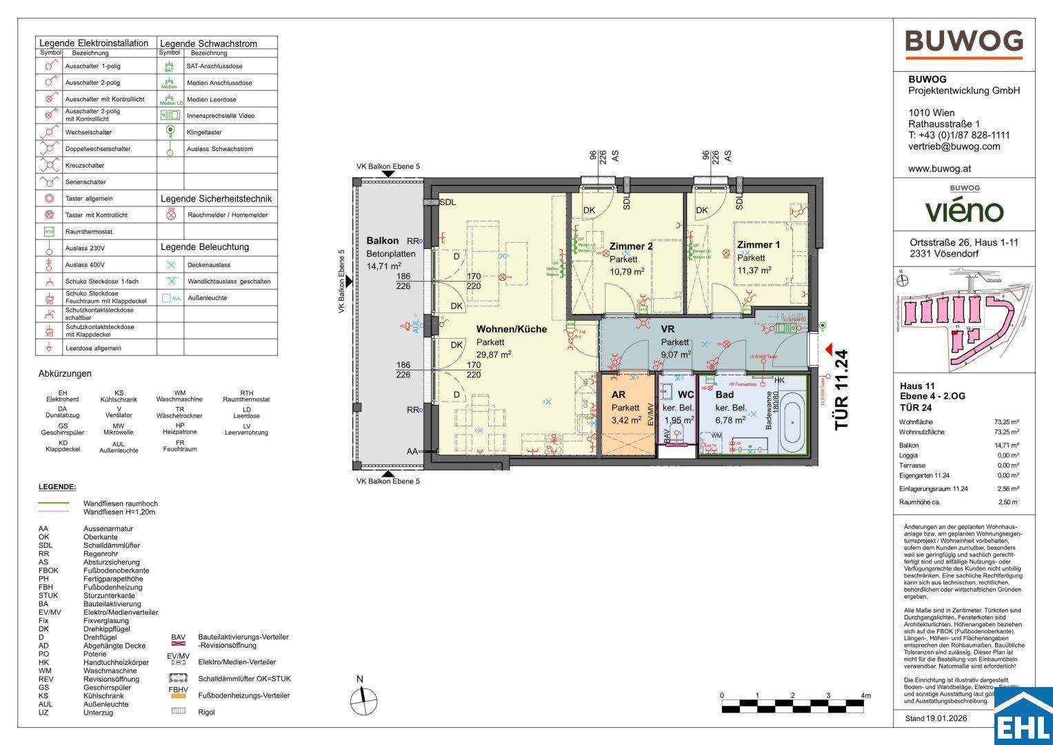 Detaillierter Grundriss einer Wohnung mit zwei Schlafzimmern, offenem Wohnbereich und Balkon.