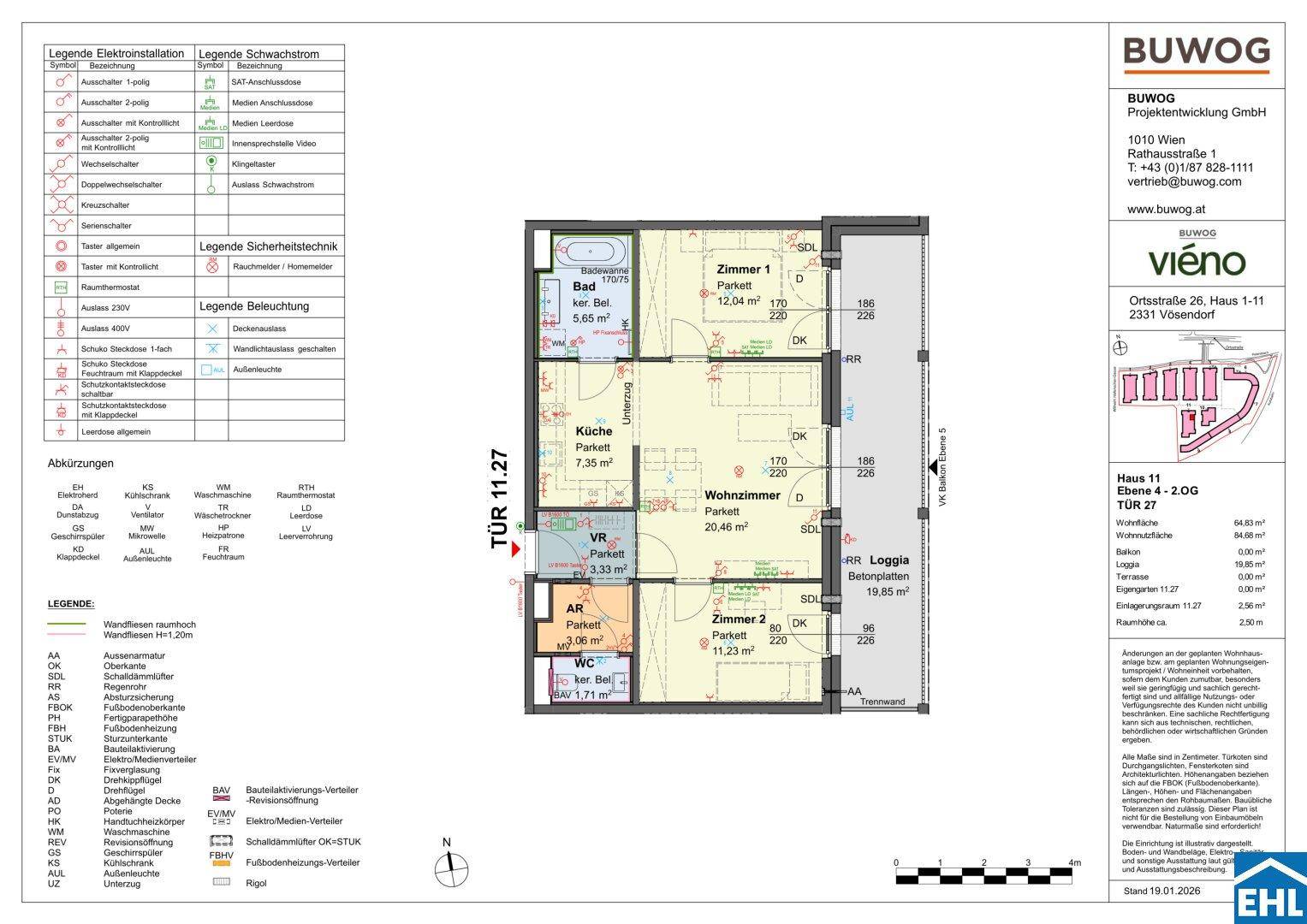 Detaillierter Grundriss einer Wohnung mit zwei Zimmern, Loggia und separatem WC.