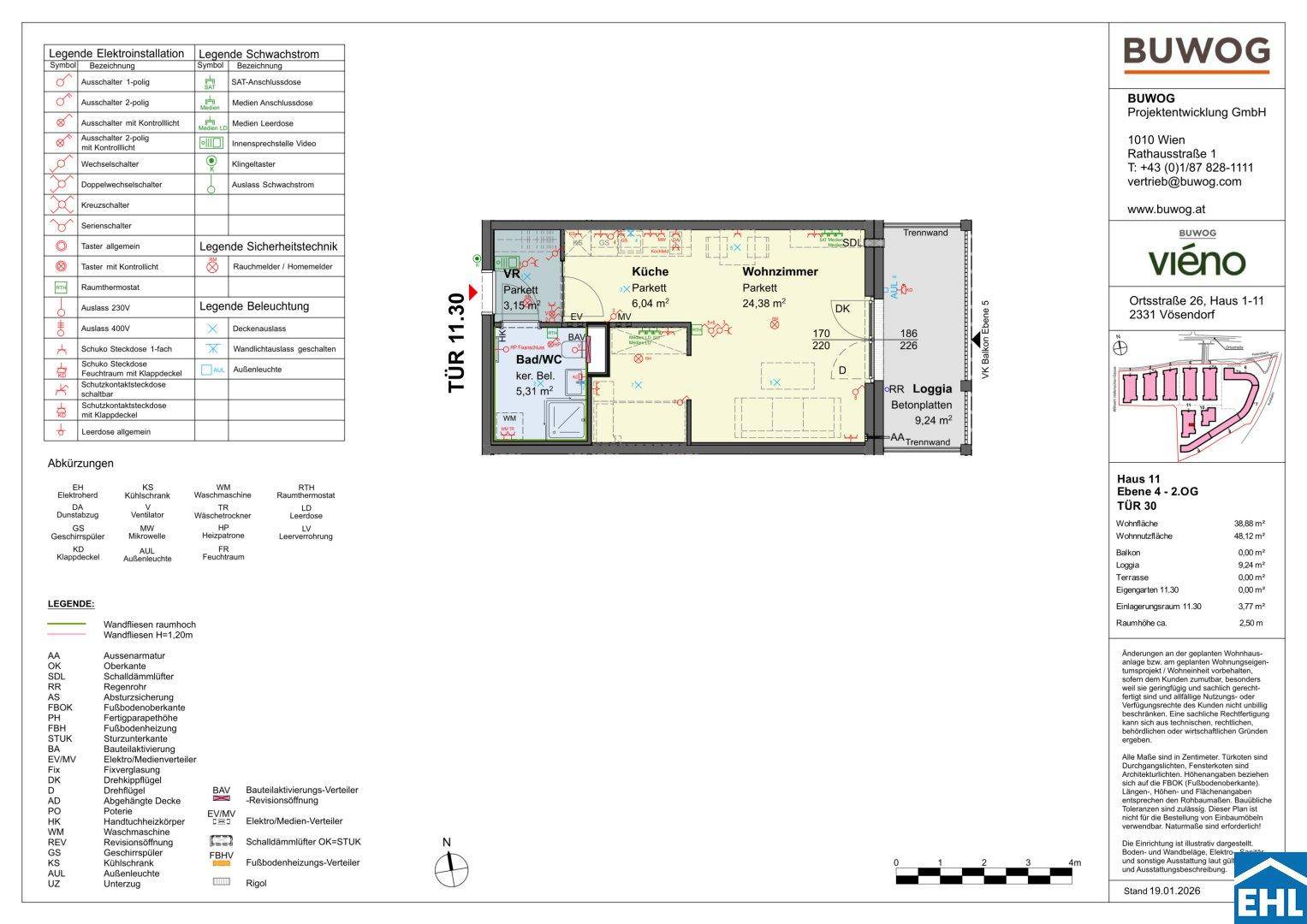 Detaillierter Grundriss einer Wohnung mit Loggia, Bad, separatem WC und Parkettboden.